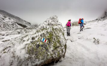 Najpiękniejsze pasma górskie Europy – przewodnik po szlakach dla średnio zaawansowanych Turyści na ośnieżonym górskim szlaku w Bułgarii